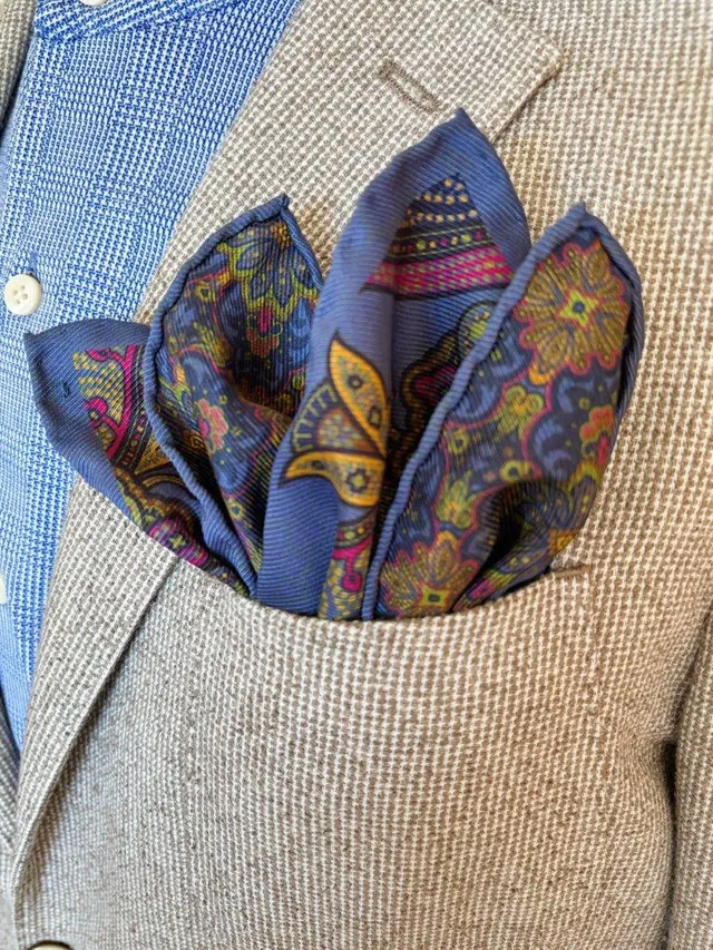 hemley-einstecktuch-seide-paisley-ornament-mittelblau-orange-gelb image 1