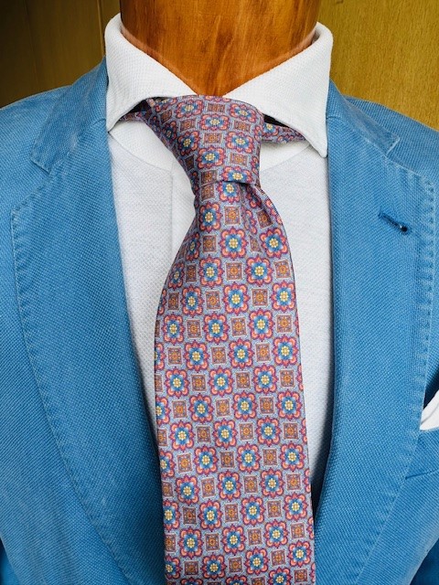 ascot-seidenkrawatte-medaillon-blue-orange-white-bedruckter-seiden-twill-7-8-cm- image 1