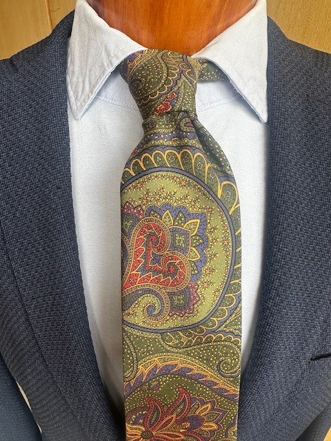 ascot-seidenkrawatte-paisley-olive-blau-rost-gold-bedruckt-7-8-x-150-cm image 1