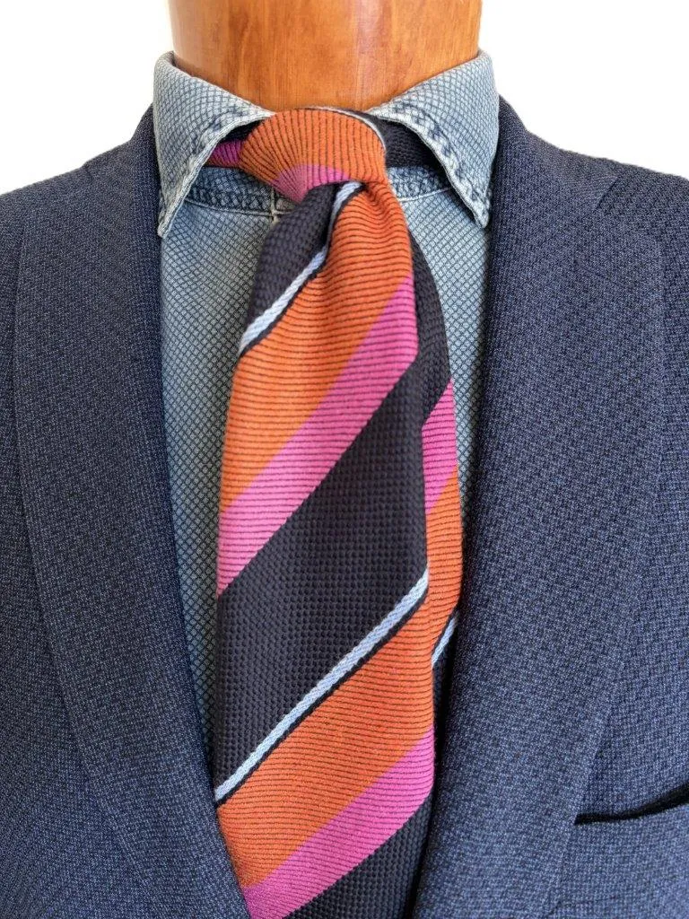 hemley-krawatte-wolle-seide-regimental-streifen-dunkelblau-pink-orange image 1