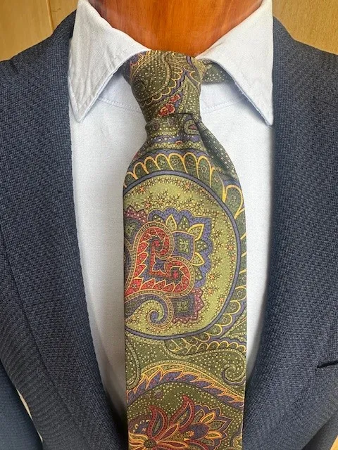 ascot-seidenkrawatte-paisley-olive-blau-rost-gold-bedruckt-7-8-x-150-cm image 1